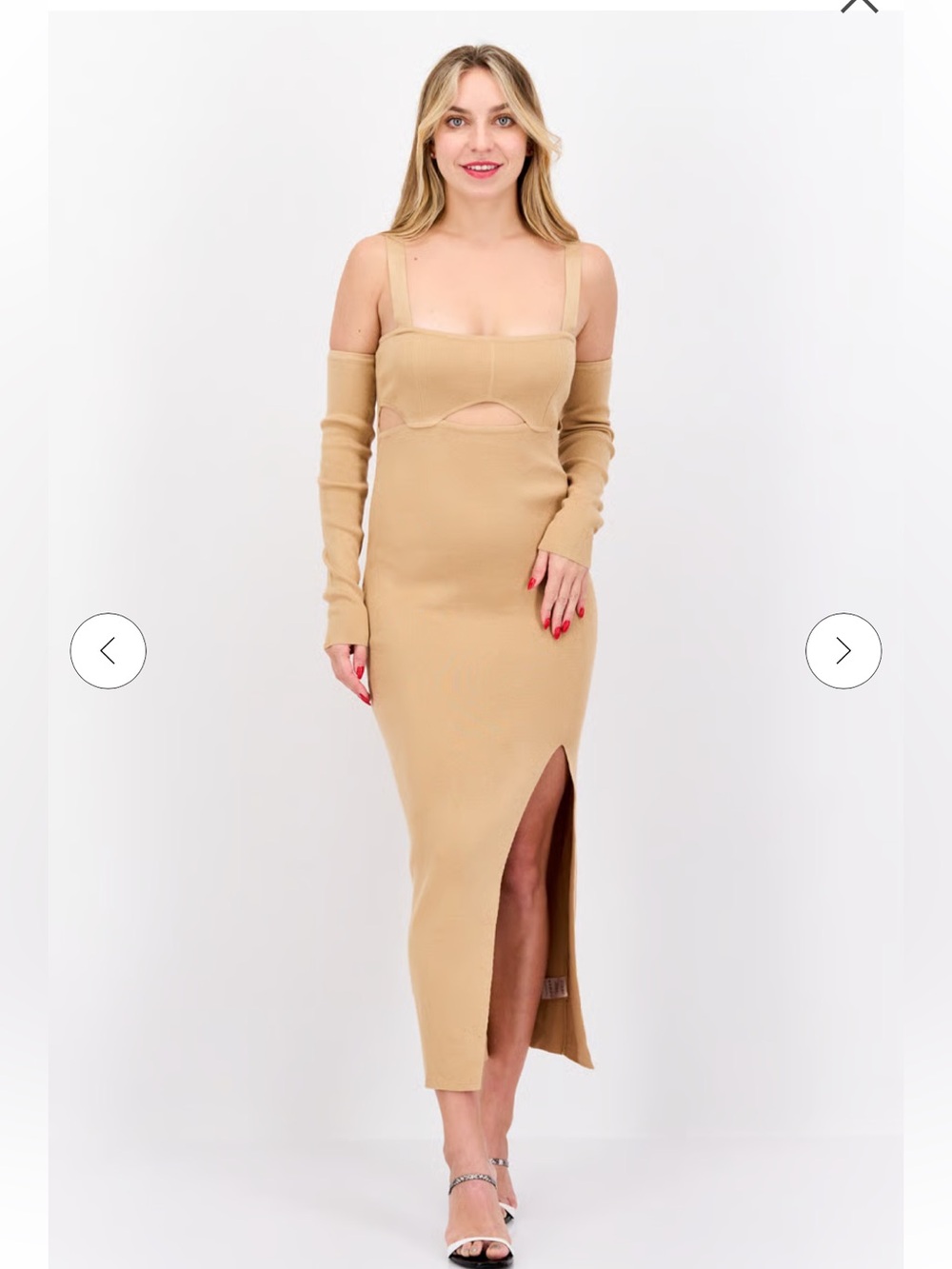 🍾NWT Simmi London Women's Beige Cutout Midi Dress with Side Slit and arm sleeves